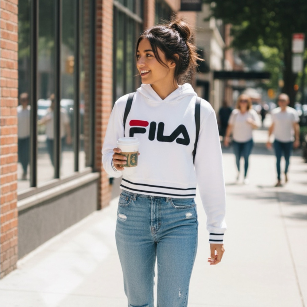 Fila White Hoodie with Logo Cropped Sweatshirt